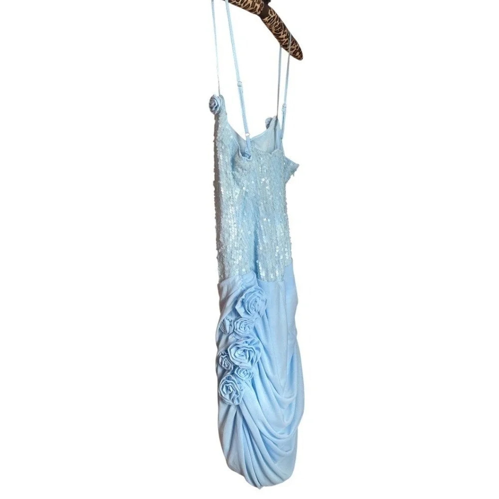 Powder Blue Sequin Rosette Cocktail Dress NWT Ruched Draped‎ Size 4